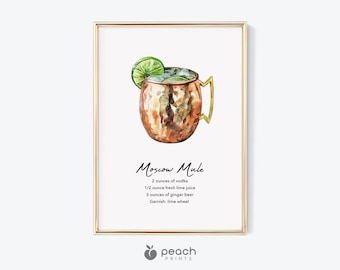 Impresión de receta de cóctel, arte imprimible, receta de mula de Moscú, receta de cóctel, decoración de bar, tarjeta de receta de cóctel, regalos de cocina, descarga digital