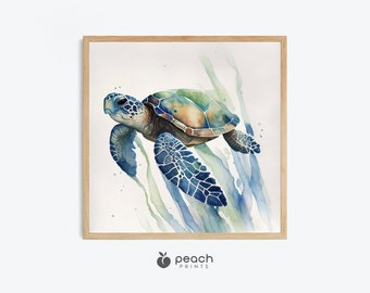 Meeresschildkröte Aquarell Wandkunst, bedruckbar, Leben im Meer Wand-Dekor, Küsten Dekor, Nautik Art Print, quadratischer Druck