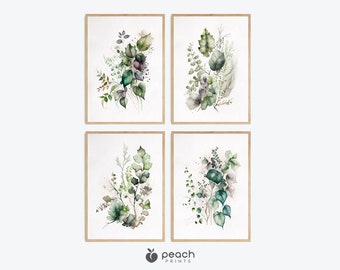 Watercolor Botanical Prints, Set of 4 Art Prints, Minimalist Design, Floral Art, Botanical Art, Printable Wall Art Decor