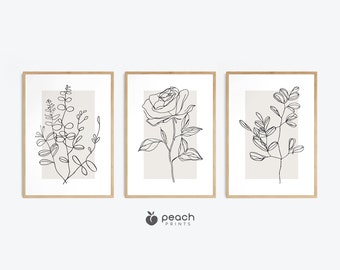 Botanical Line Art, Set of 3 Beige Plant Prints, Modern Minimalist, Neutral Wall Art Prints, Printable Wall Art Decor