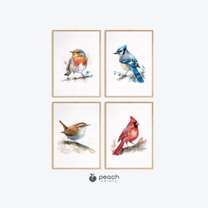Set of 4 Bird Prints, Printable Art, Watercolor Birds, Blue Jay, Cardinal, Robin, Wren, Gift for Her, Instant Download, Downloadable Prints