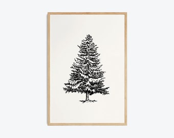 Minimalist Modern Christmas Tree Art Print, Holiday Wall Decor, Neutral, Winter Printable Wall Art, Black and White, Digital Download