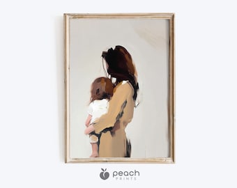 May include: A painting of a woman holding a child in her arms. The woman is wearing a brown dress and the child is wearing a white shirt. The painting is done in a soft, abstract style.