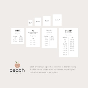 May include: A graphic showing print sizes in inches and centimeters, including 5x7", 8x10", 9x12", 11x14", 16x20", 18x24", and 24x36". The image also includes the Peach Prints logo and text about print sizes and aspect ratios.