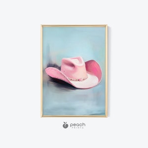 Pink Cowgirl Hat Print, Western Painting Poster, Southern Girl Room Wall Art, Western Decor, Girly Wall Art, Pink and Blue, Digital Download
