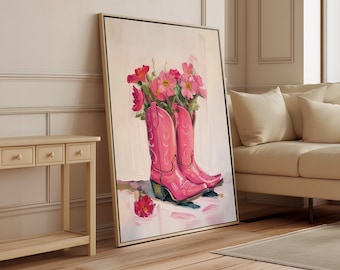 Cowgirl Boot Print, Printable Wall Art, Coquette Cowgirl, Pink Cowgirl Boots Painting, Dorm Room Decor, Western, Nursery Art, Boho Poster
