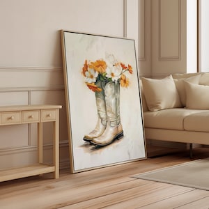 Cowgirl Boot Print, Neutral Cowgirl Art, Cowgirl Boots Painting, Dorm Room Decor, Floral Western Wall Decor, Nursery Art, Boho Poster