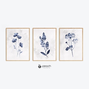 Indigo Botanical Wall Art, Set of 3, Floral Art, Minimalist Watercolor Decor, Navy Blue, Slate Blue, Printable