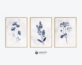 Indigo Botanical Wall Art, Set of 3, Floral Art, Minimalist Watercolor Decor, Navy Blue, Slate Blue, Printable