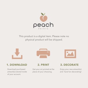 May include: A digital art product advertisement with the peach PRINTS logo. The image includes instructions: Download, Print, and Decorate. Text states the product is a digital item and no physical product will be shipped.
