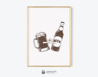Impresión de arte de cerveza, arte imprimible, taza y botella de cerveza bailando, impresión de arte de bar divertido, impresiones de bar retro, arte de cocina, regalo de cerveza, descarga digital