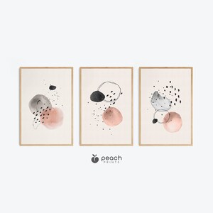 Boho Abstract Wall Art Prints, Set of 3, Abstract Shape, Peach Coral Printable Modern, Boho Wall Decor, Boho Wall Art, Mid Century Print