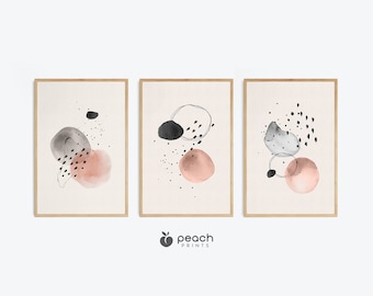 Boho Abstract Wall Art Prints, Set of 3, Abstract Shape, Peach Coral Printable Modern, Boho Wall Decor, Boho Wall Art, Mid Century Print