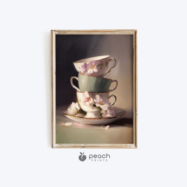 Spring Teacups Print, Printable, Easter Art Prints, Neutral Wall Art, Printable Wall Decor