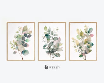 Impresiones botánicas de acuarela, conjunto de 3 impresiones de arte, diseño minimalista, arte floral, arte botánico, plantas de eucalipto, decoración de arte de pared imprimible