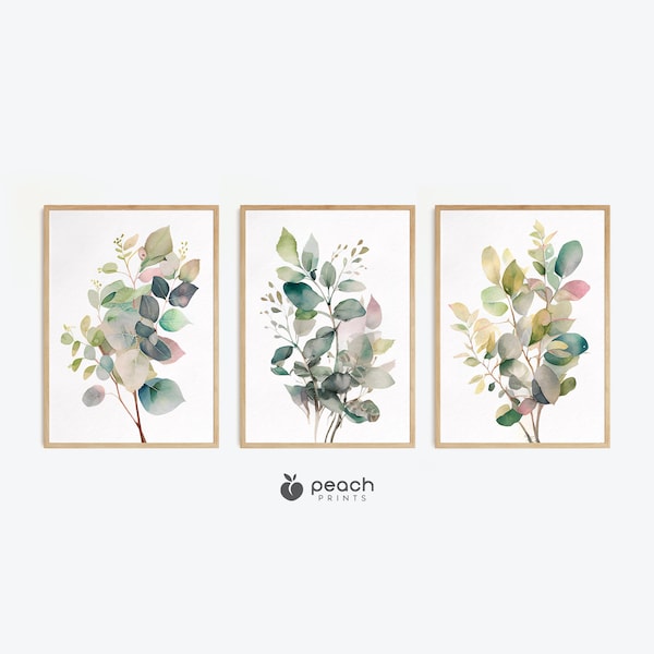 Aquarell botanische Drucke, 3er Set Kunstdrucke, minimalistisches Design, Blumenkunst, botanische Kunst, Eukalyptuspflanzen, druckbares Wandkunstdekor