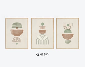 May include: Set of three abstract art prints with geometric shapes in shades of brown and green. The prints feature circles, semi-circles, and arches.