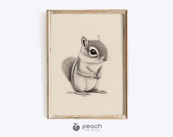 Woodland Baby Chipmunk Zeichnung, bedruckbar, Chipmunk Druck, Kinderzimmer Wand Kunst Dekor, digitaler Download