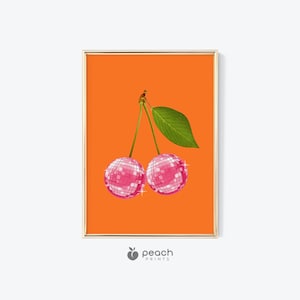 Disco Ball Cherries Art Print, Orange and Pink, Dorm Decor, Printable Art, Disco Ball Wall Art, Bar Cart Art, Girly Wall Prints
