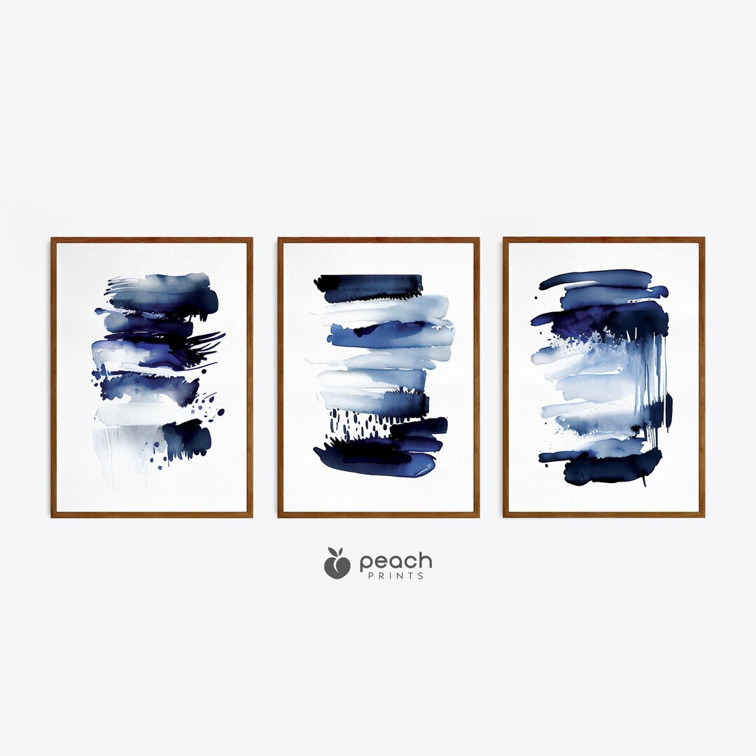 Blue Watercolor Abstract Printable Wall Art, Set of 3, Modern Wall Art, Navy Blue, Abstract Wall