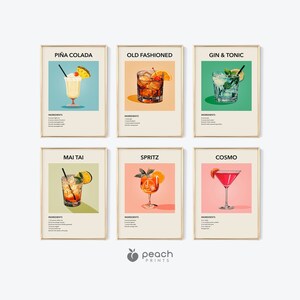 Set of 6 Cocktail Prints, Printable, Bar Cart Prints, Minimalist Alcohol Prints, Classic Cocktail Wall Art, Retro Wall Art, Minimalist Art