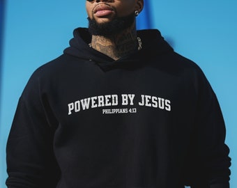 Powered By Jesus Hoodie Christian Sweatshirt Trendy Y2K Hoodie Bible Verse Sleeve Print I Can Do All Things Through Christ Baptism Gift
