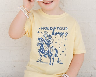 Youth Hold Your Horses Comfort Colors Shirt Retro Western Aesthetic Vintage Inspired Trendy Unisex Kids TShirt Wild West Country Girls tee