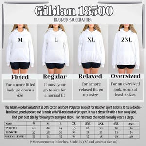 May include: White Gildan 18500 hooded sweatshirt with a pouch pocket, shown in four sizes: M, L, XL, and 2XL. The image includes a size chart with measurements in inches for various sizes, including width, length, and sleeve length.