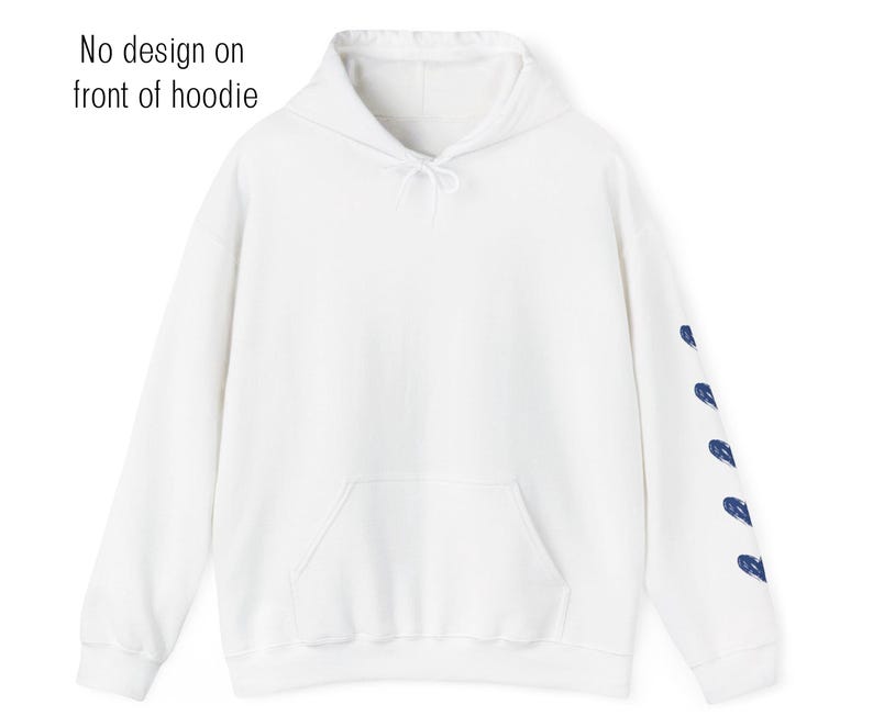 May include: A white hoodie with a kangaroo pocket and drawstring hood. The left sleeve features a series of blue brushstroke designs. The text "No design on front of hoodie" is visible in the image.