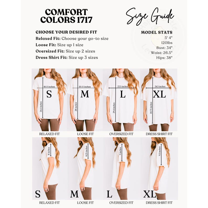 May include: Size guide graphic with the text "COMFORT COLORS 1717". The guide shows the measurements for different shirt sizes, including Relaxed, Loose, Oversized, and Dress Shirt fits. Model stats are also included.