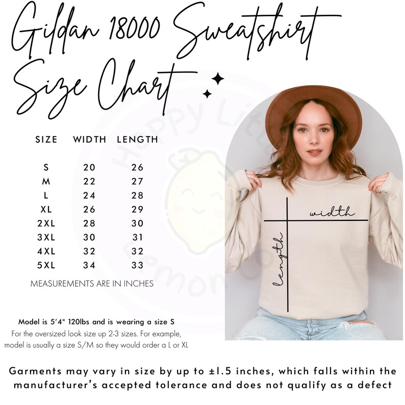 May include: A Gildan 18000 sweatshirt size chart displaying width and length measurements in inches for sizes S through 5XL. The graphic includes a visual guide on a beige sweatshirt and text noting that garments may vary by up to 1.5 inches.