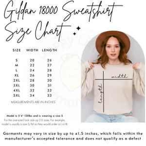 May include: A beige Gildan 18000 sweatshirt with a size chart. The chart lists sizes S to 5XL, with measurements in inches. The model is 5'4" and 120lbs, wearing a size S. The chart also shows the width and length measurements.