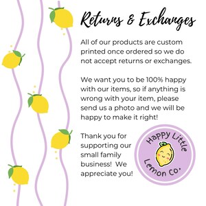 May include: A white background with the text "Returns & Exchanges" and additional text about the shop's policy. The image includes yellow lemons and a circular logo with a lemon.