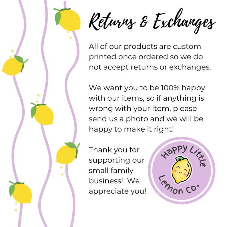 May include: A white background with the text "Returns & Exchanges" and additional text about the shop's policy. The image includes yellow lemons and a circular logo with a lemon.