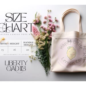 May include: A white cotton canvas tote bag with a lemon design that says "Happy Little Lemon Co.". The bag measures 15 inches wide, 16 inches high, and has a 20 inch handle.