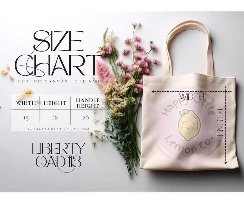 May include: A white cotton canvas tote bag with a lemon design that says "Happy Little Lemon Co.". The bag measures 15 inches wide, 16 inches high, and has a 20 inch handle.