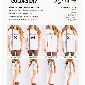 May include: Size chart for a t-shirt in four sizes: S, M, L, and XL. The chart shows the measurements for each size in inches for both relaxed fit and oversized fit. The chart also shows the measurements for a dress shirt fit in inches.