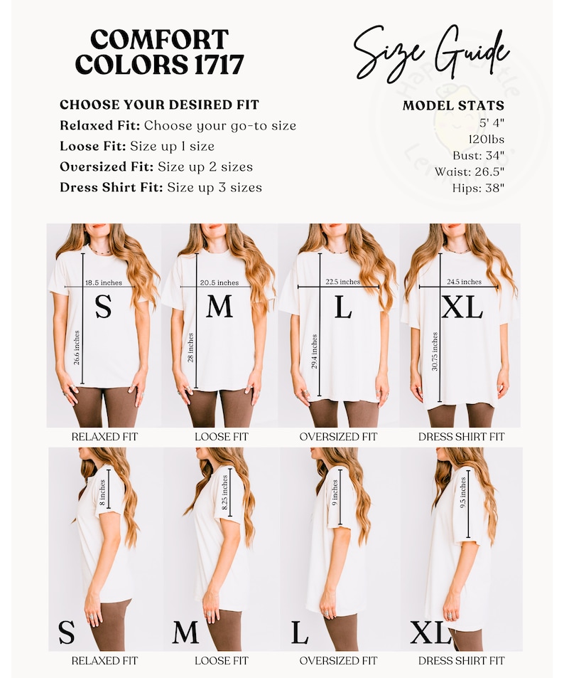 May include: Size chart for a t-shirt in four sizes: S, M, L, and XL. The chart shows the measurements for each size in inches for both relaxed fit and oversized fit. The chart also shows the measurements for a dress shirt fit in inches.