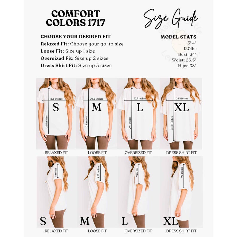 May include: A size guide for t-shirts, featuring a model's measurements and fit descriptions. The guide includes measurements in inches for various sizes, including S, M, L, and XL, with details on relaxed, loose, oversized, and dress shirt fits. The text "COMFORT COLORS 1717" is at the top.