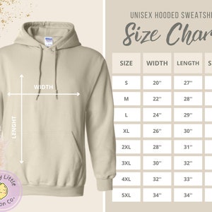 May include: Unisex hooded sweatshirt size chart with measurements in inches for width, length, and sleeve length. Sizes range from S to 5XL.