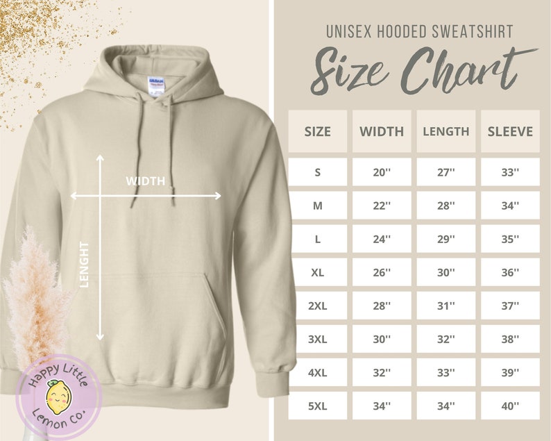 May include: Unisex hooded sweatshirt size chart with measurements in inches for width, length, and sleeve length. Sizes range from S to 5XL.
