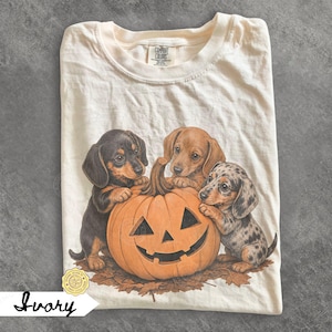 May include: An ivory t-shirt featuring a graphic print of three dachshund puppies surrounding a carved orange jack-o'-lantern pumpkin. The puppies are black and tan, light brown, and dapple-patterned. The Comfort Colors brand tag is visible.