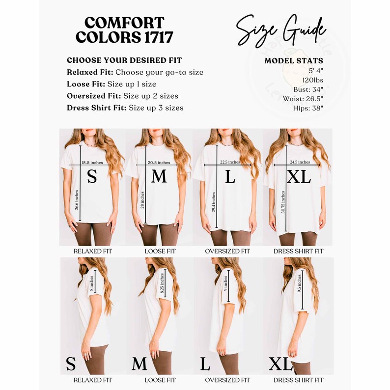 May include: A size guide for t-shirts, featuring models wearing different sizes. The guide includes measurements in inches for bust, waist, and hips. The text "COMFORT COLORS 1717" is at the top. The guide shows relaxed, loose, oversized, and dress shirt fits.