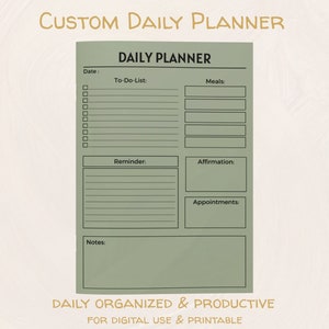 Daily Planner, Green Minimalist Template, Printable, Daily Productivity, Notes, To-Do&#39;s, Appointments, Reminder, Affirmation