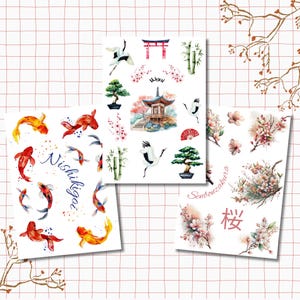4 feuilles d'autocollants A6 - Japon | Stickers Bullet Journal | Stickers pour scrapbooking | Stickers pour agenda | Nishikigaï | Ikigaï | Sakura