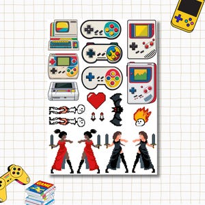 Foglio di adesivi A5 - Retro Gaming / Pixel art / Adesivi Bullet Journal / Adesivi Scrapbook / Adesivi Planner / Pixelvania / Console / Controller