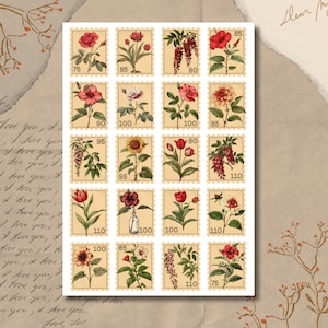 Hoja de pegatinas de sellos postales: ilustraciones botánicas antiguas, decoración, flores y colores