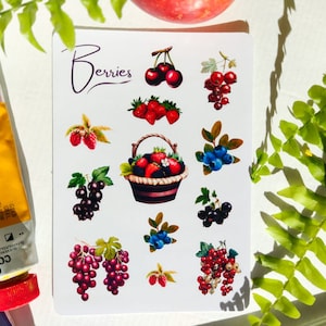 Feuille d'autocollants - Baies | Autocollants de journal de balle | Autocollants de scrapbooking | Autocollants de planificateur | Fraises | Bleuets | Cerises | Raisins