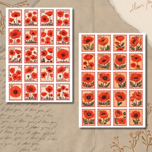 Foglio di adesivi per francobolli - Papaveri / Decorazione / Floreale / Rosso