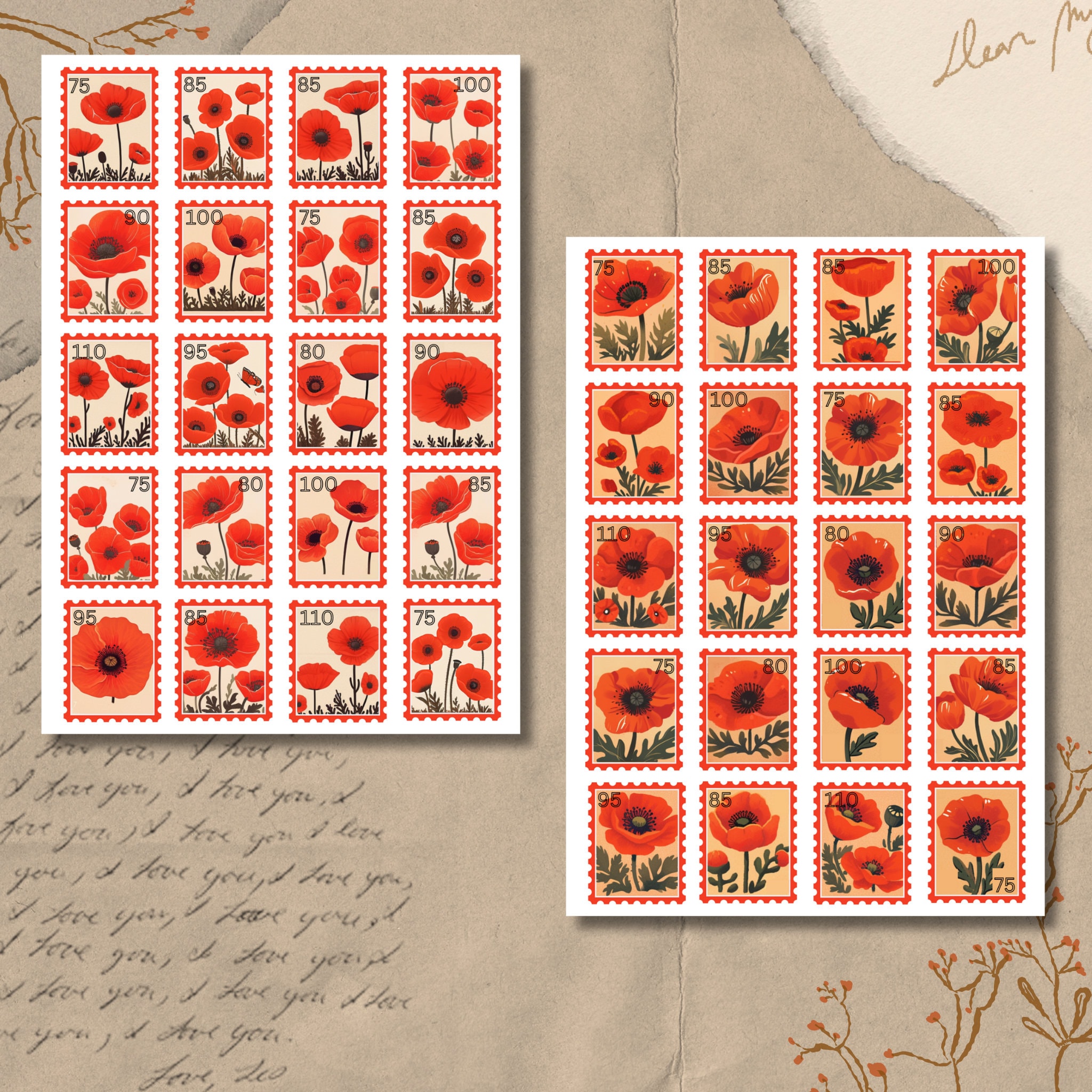 Postage Stamps Sticker Sheet - Poppies | Decoration | Floral | Red